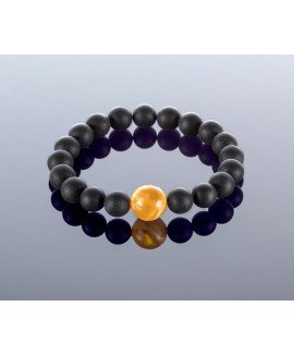 Round black amber bracelet, 9x12mm